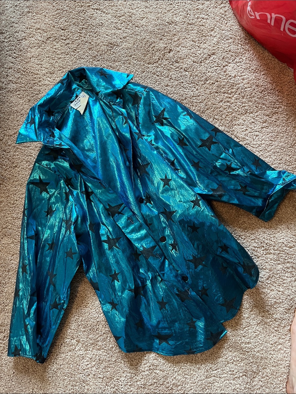Metallic Teal Star Print Button-Up Shirt